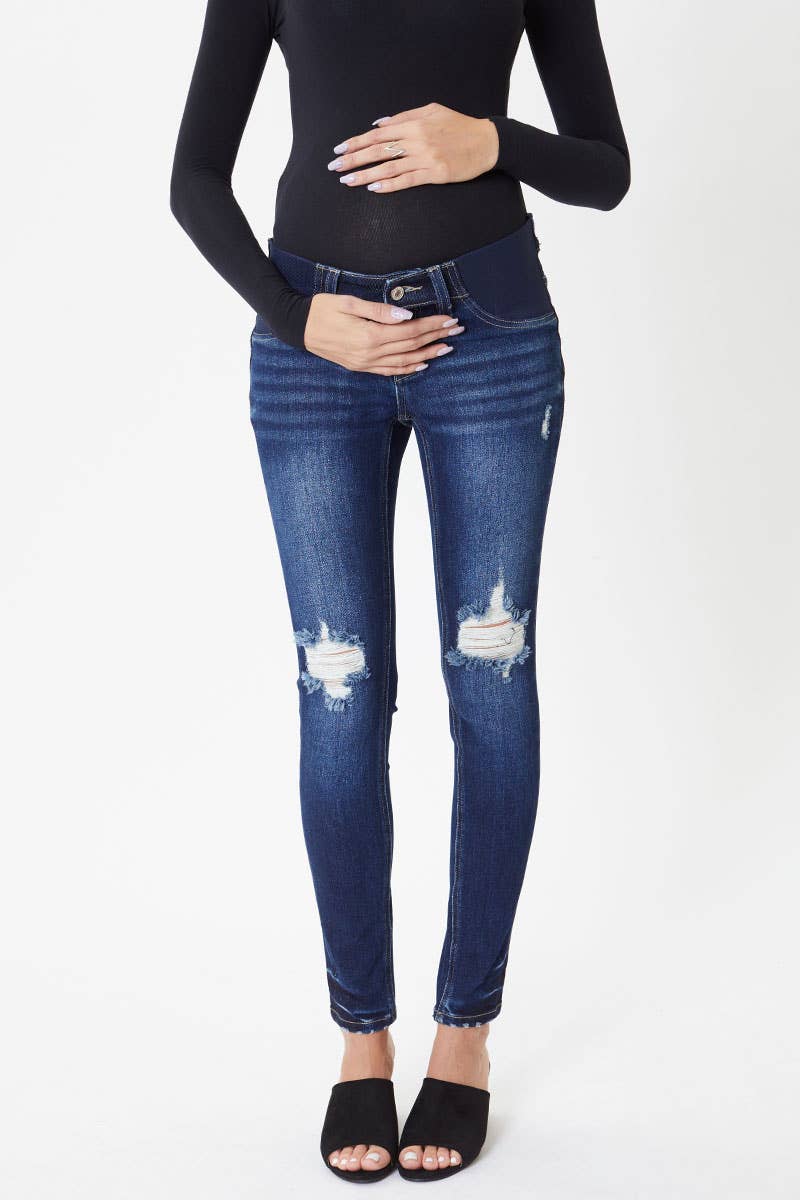 Women's maternity denim jeans by KanCan with side band for stretch as you grow skinny jean style with distressing