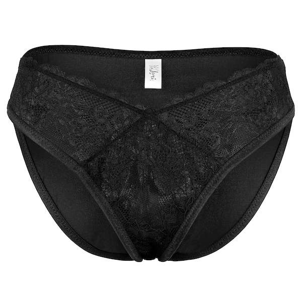 A black, floral lace V-cut maternity/postpartum underwear bikini with soft, moisture-wicking bottom and full cheek coverage.