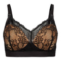 A black and nude nursing bralette with delicate lace detailing, featuring adjustable straps and a hook-and-eye closure.