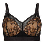 A black and nude nursing bralette with delicate lace detailing, featuring adjustable straps and a hook-and-eye closure.