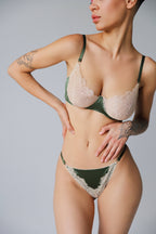 Women's olivia bra green with nude lace on model