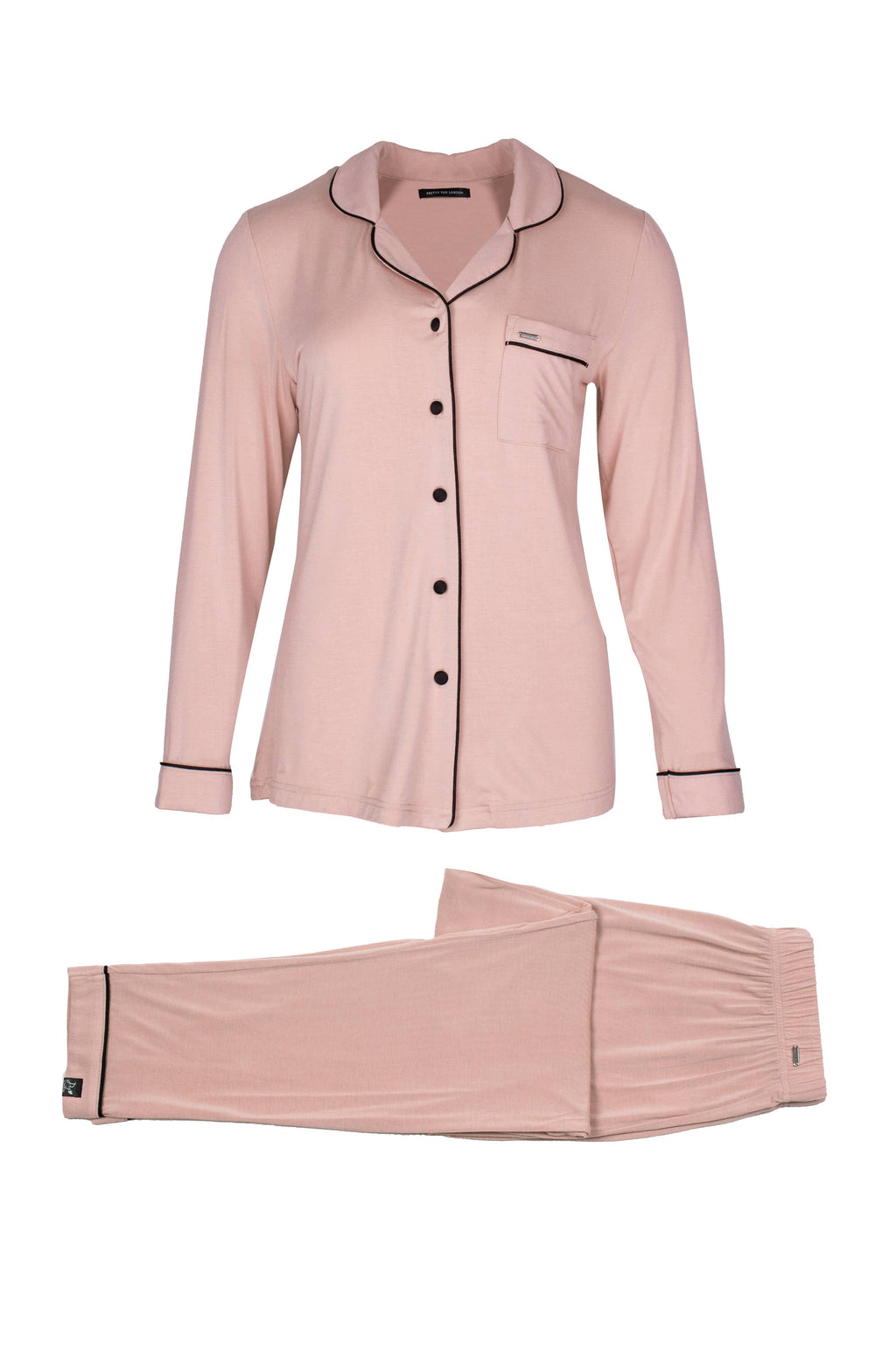 Women's pink bamboo pant pajama set with black piping buttons and front pocket